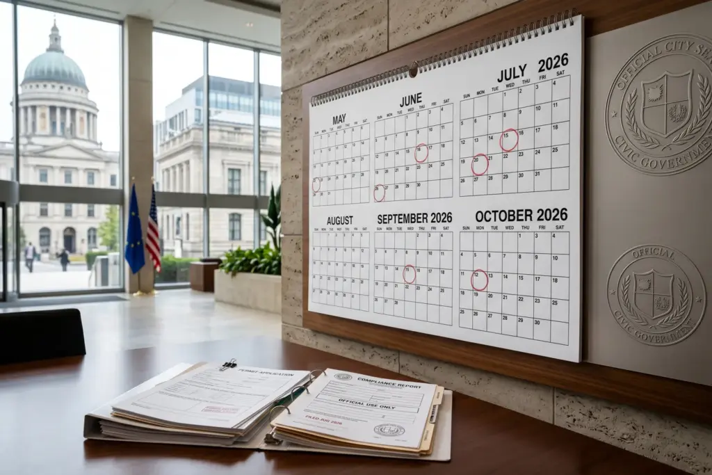 Calendar showing STR compliance deadlines through 2026 including EU enforcement, Austin Texas July 1 deadline, and Maryland safety law