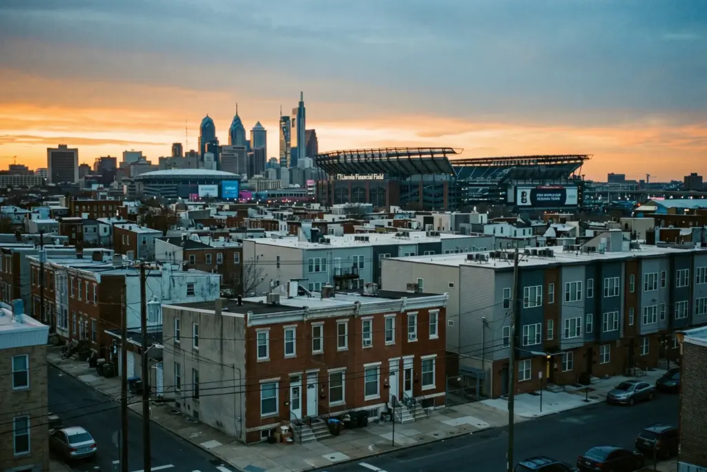 City skyline with residential neighborhood and World Cup stadium showing enforcement tension between housing and major event infrastructure