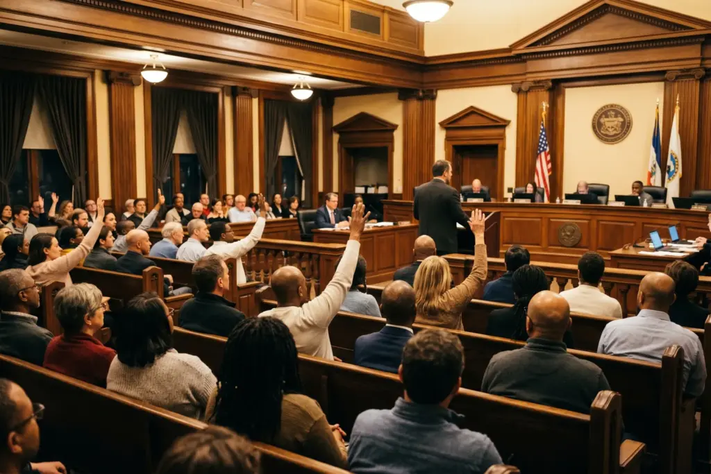 Community members attending a city council hearing to advocate for short-term rental host rights