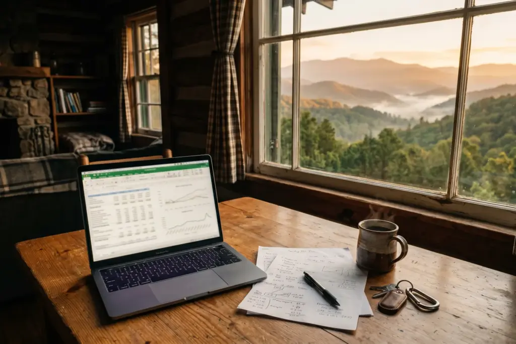 Laptop with financial spreadsheets on a wooden table in a cabin with Smoky Mountain views representing STR host decision to stay in the market