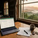 Laptop with financial spreadsheets on a wooden table in a cabin with Smoky Mountain views representing STR host decision to stay in the market