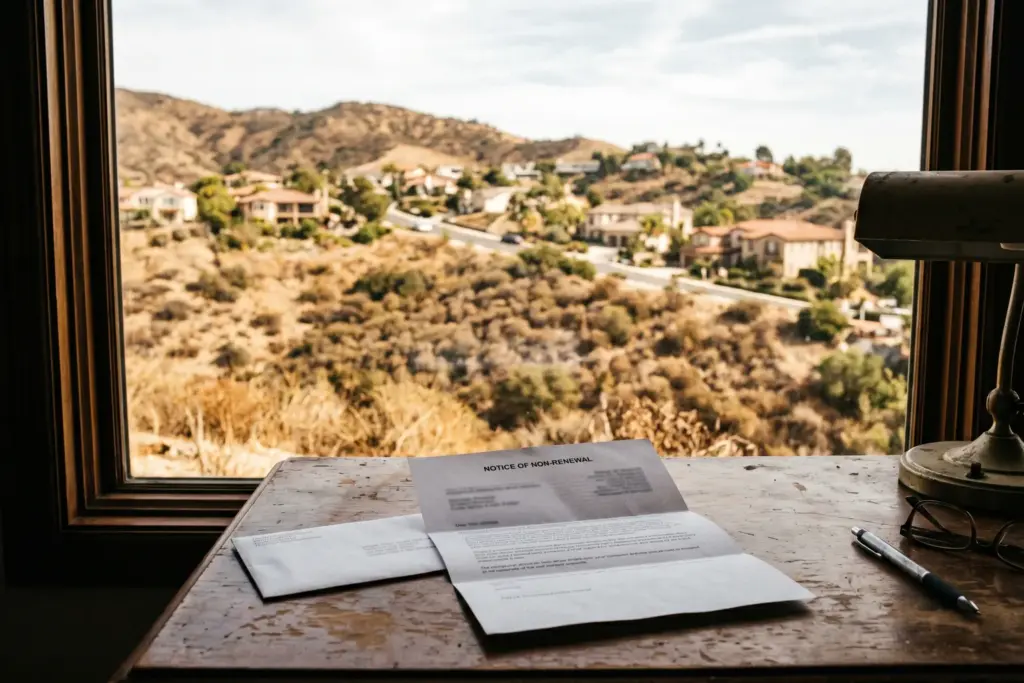 Insurance non-renewal letter on desk with California hillside visible, representing STR insurance denied markets 2026