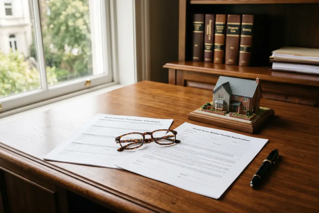 Real estate documents and model house on desk representing STR legal due diligence checklist for buyers