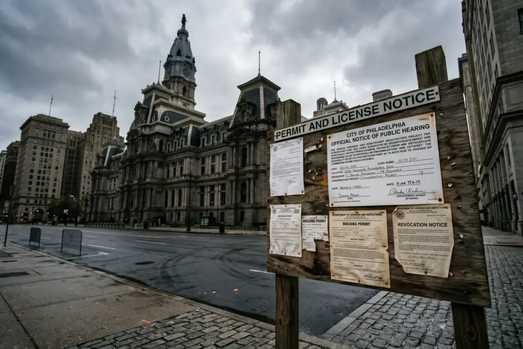 City hall building with permit notice board representing STR permit revocation enforcement 2026