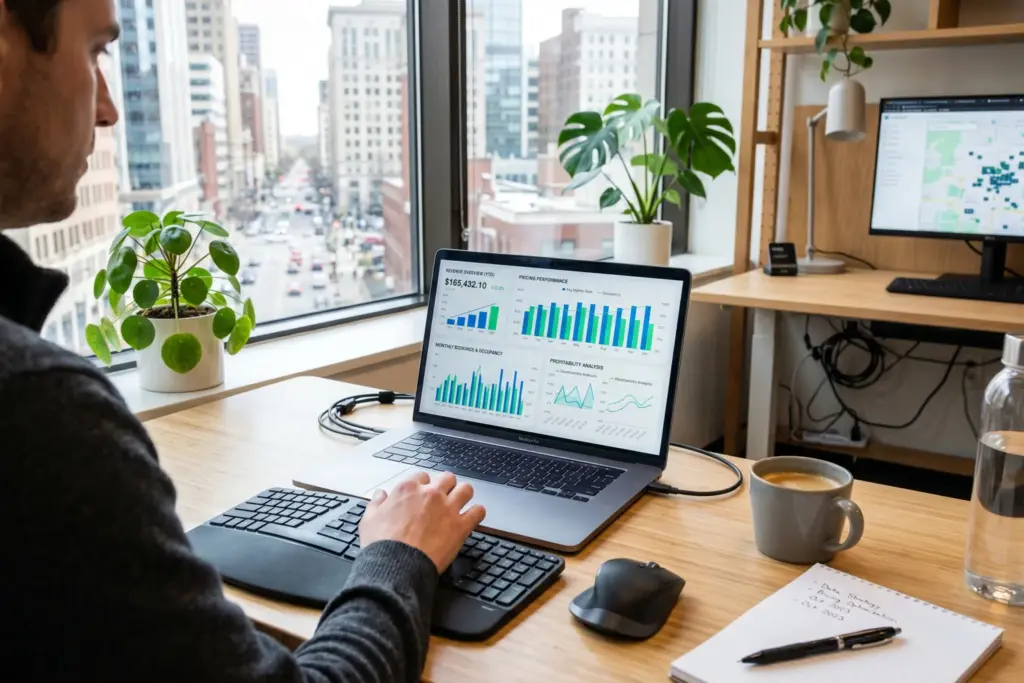 Laptop showing STR revenue analytics dashboard with ADR and occupancy charts for data-driven pricing strategy