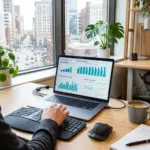 Laptop showing STR revenue analytics dashboard with ADR and occupancy charts for data-driven pricing strategy