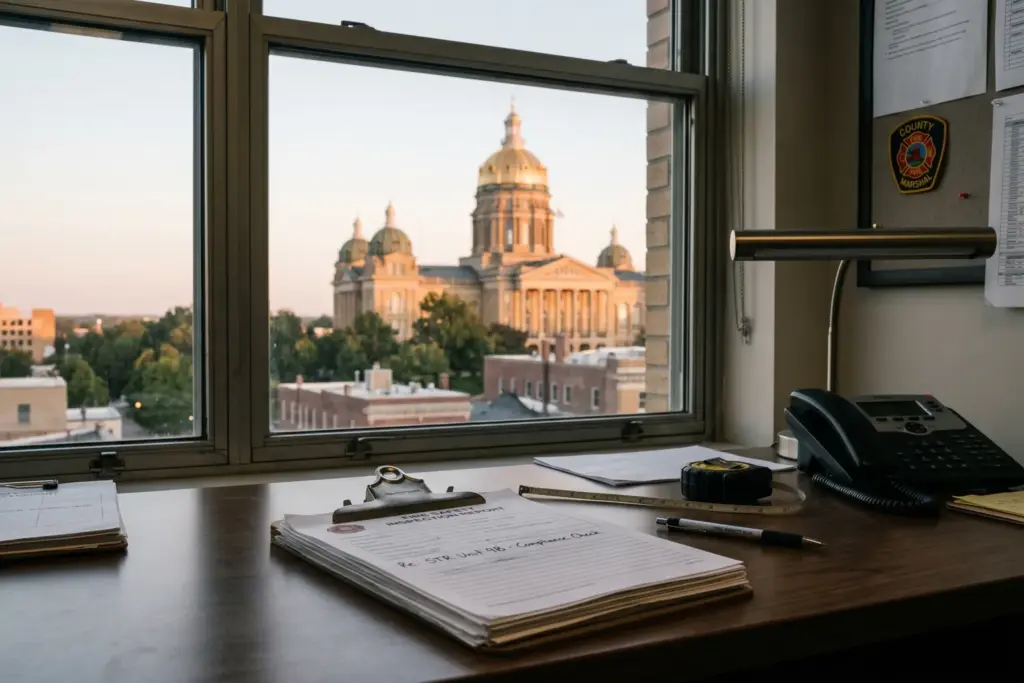State capitol dome visible through office window with fire safety inspection documents on desk representing state preemption versus local STR enforcement authority