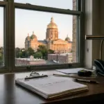 State capitol dome visible through office window with fire safety inspection documents on desk representing state preemption versus local STR enforcement authority