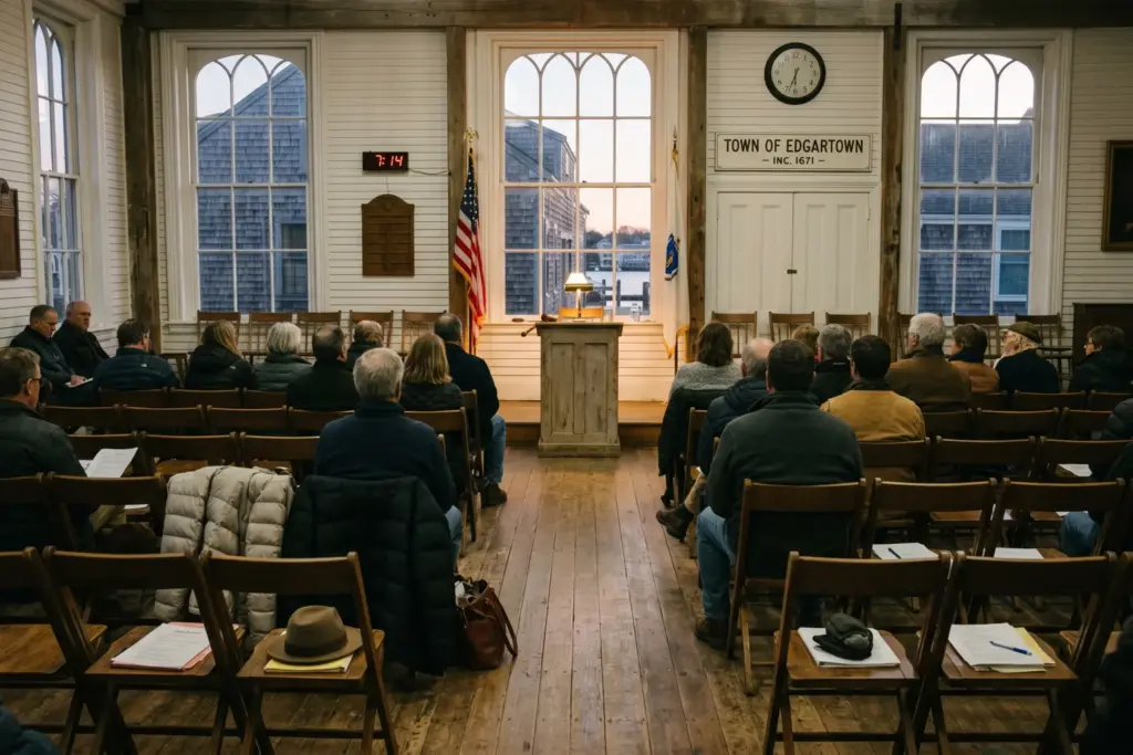 Town meeting hall on Martha's Vineyard where Tisbury voters preserved the 75-night short-term rental cap