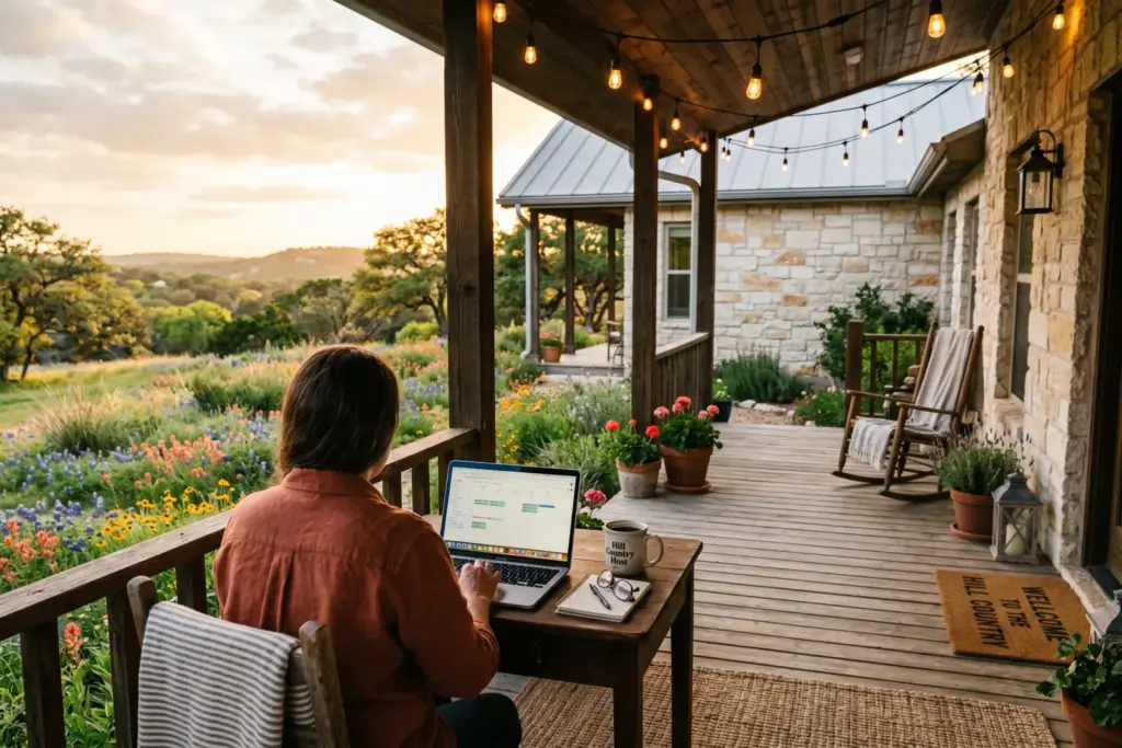 Short-term rental host workspace on a Texas Hill Country property porch at golden hour with laptop and coffee
