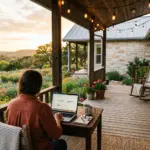 Short-term rental host workspace on a Texas Hill Country property porch at golden hour with laptop and coffee