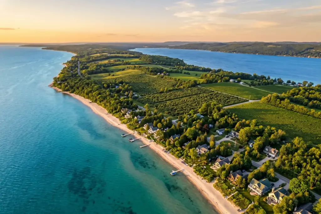 Traverse City Michigan lakefront vacation rental market with Grand Traverse Bay and wine country