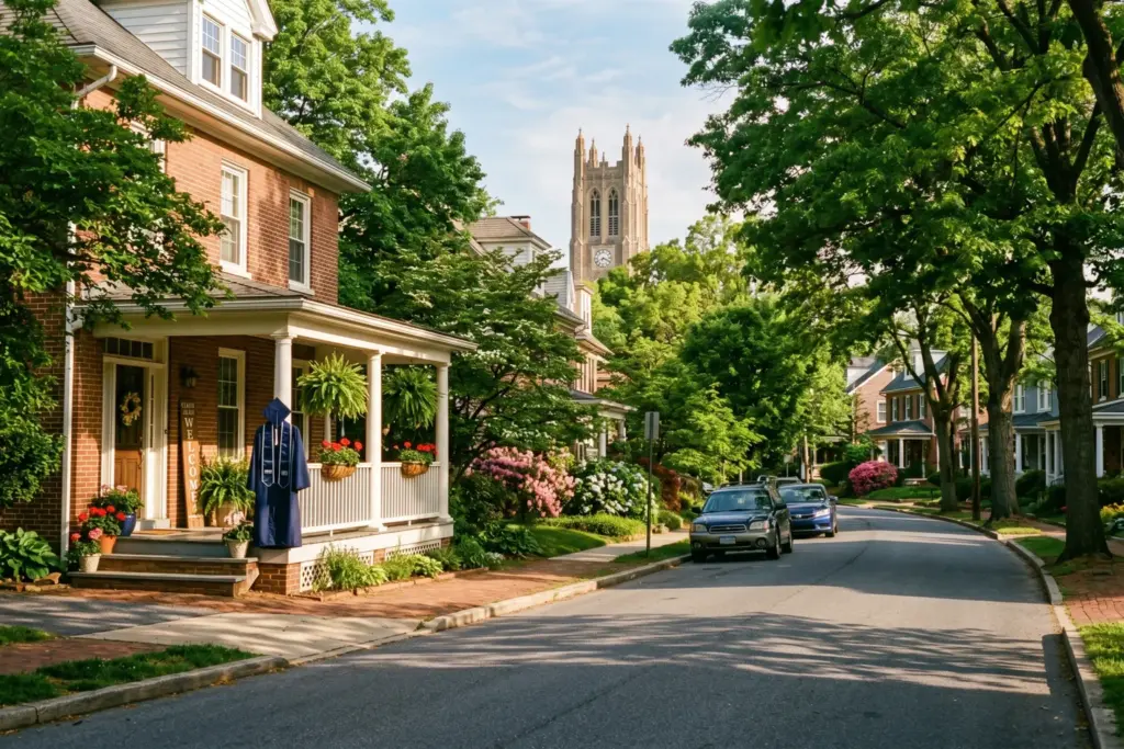 A college town neighborhood on graduation morning with a navy blue cap and gown draped over a porch railing and university buildings visible through tree-lined streets
