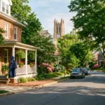 A college town neighborhood on graduation morning with a navy blue cap and gown draped over a porch railing and university buildings visible through tree-lined streets