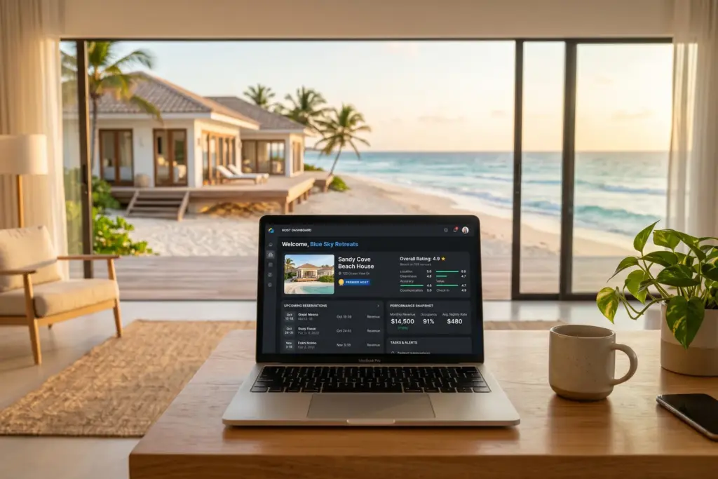 VRBO Premier Host badge displayed on a vacation rental host dashboard with a beach property in the background