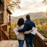 First-time vacation rental buyers reviewing documents on cabin porch with mountain view