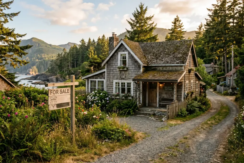 Vacation rental property with for-sale sign in front yard, documentary-style photography