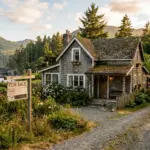 Vacation rental property with for-sale sign in front yard, documentary-style photography