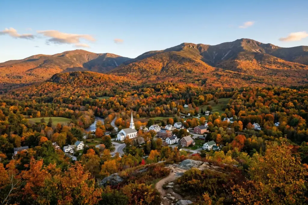 White Mountains New Hampshire fall foliage aerial view with ski resort visible
