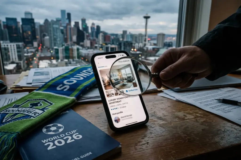 Smartphone showing a vacation rental listing app with a magnifying glass inspecting it for fraud alongside World Cup travel materials