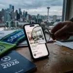 Smartphone showing a vacation rental listing app with a magnifying glass inspecting it for fraud alongside World Cup travel materials