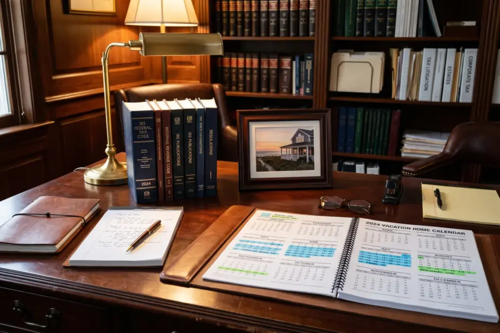 Tax documents and calendar on a desk illustrating the IRS 14-day rule for short-term rental vacation home classification