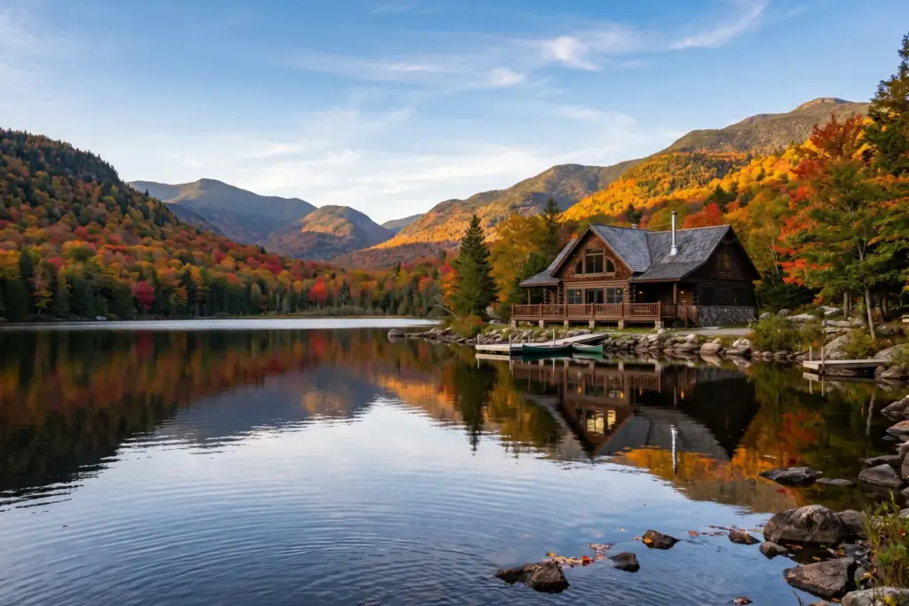 Adirondack Mountains lake and cabin landscape representing the NY short-term rental market investment opportunity