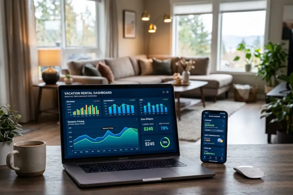 Laptop showing Airbnb pricing dashboard with vacation rental property in background