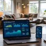 Laptop showing Airbnb pricing dashboard with vacation rental property in background