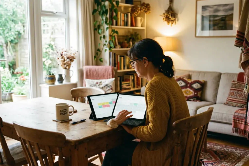 Airbnb host reviewing a booking calendar on a tablet, adapting to shrinking booking windows in 2026