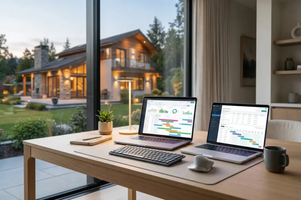 Laptop screens showing property management dashboards for Airbnb co-hosts with vacation rental home in background