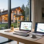 Laptop screens showing property management dashboards for Airbnb co-hosts with vacation rental home in background