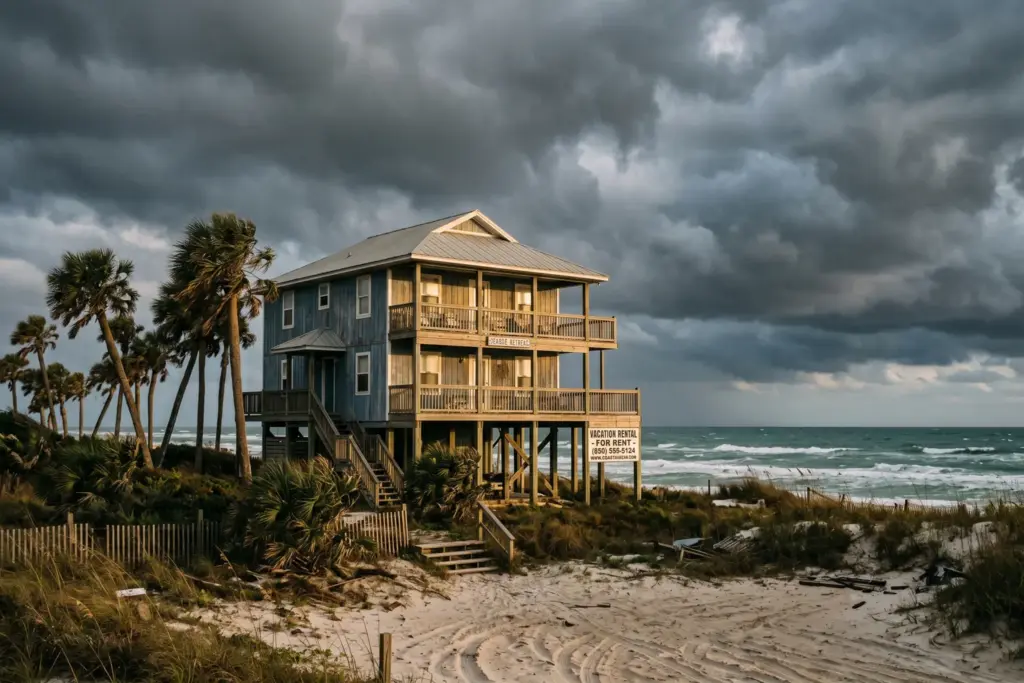 Coastal vacation rental home with stormy skies representing weather risk and Airbnb earnings protection insurance coverage gaps