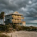 Coastal vacation rental home with stormy skies representing weather risk and Airbnb earnings protection insurance coverage gaps