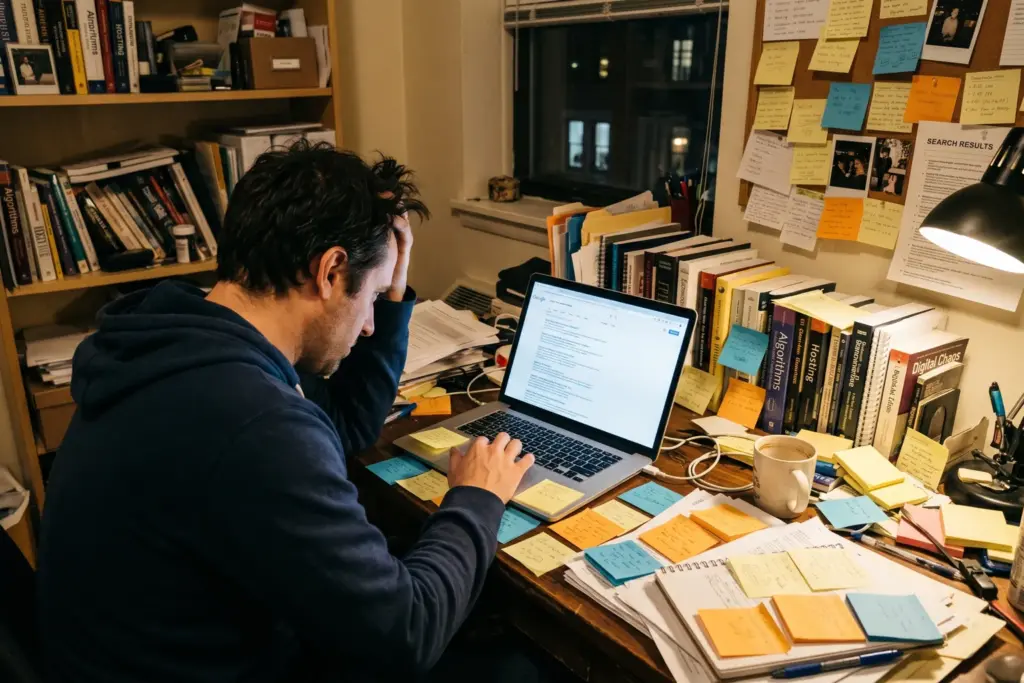 Host looking at Airbnb search rankings on laptop screen, frustrated with algorithm visibility