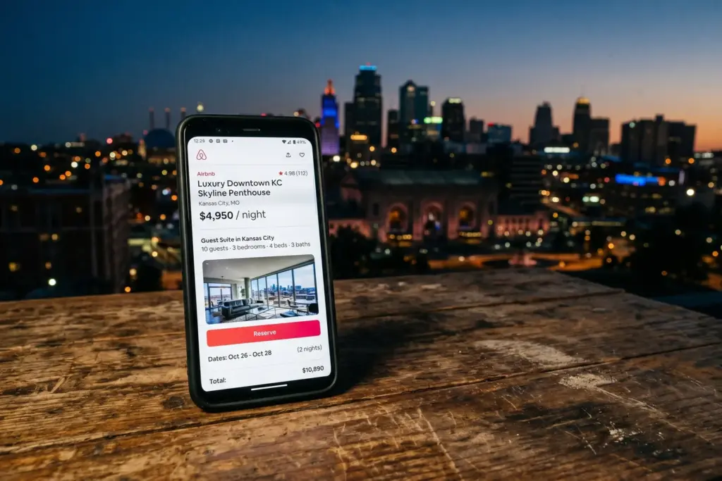 Smartphone showing high Airbnb nightly price with Kansas City skyline in background