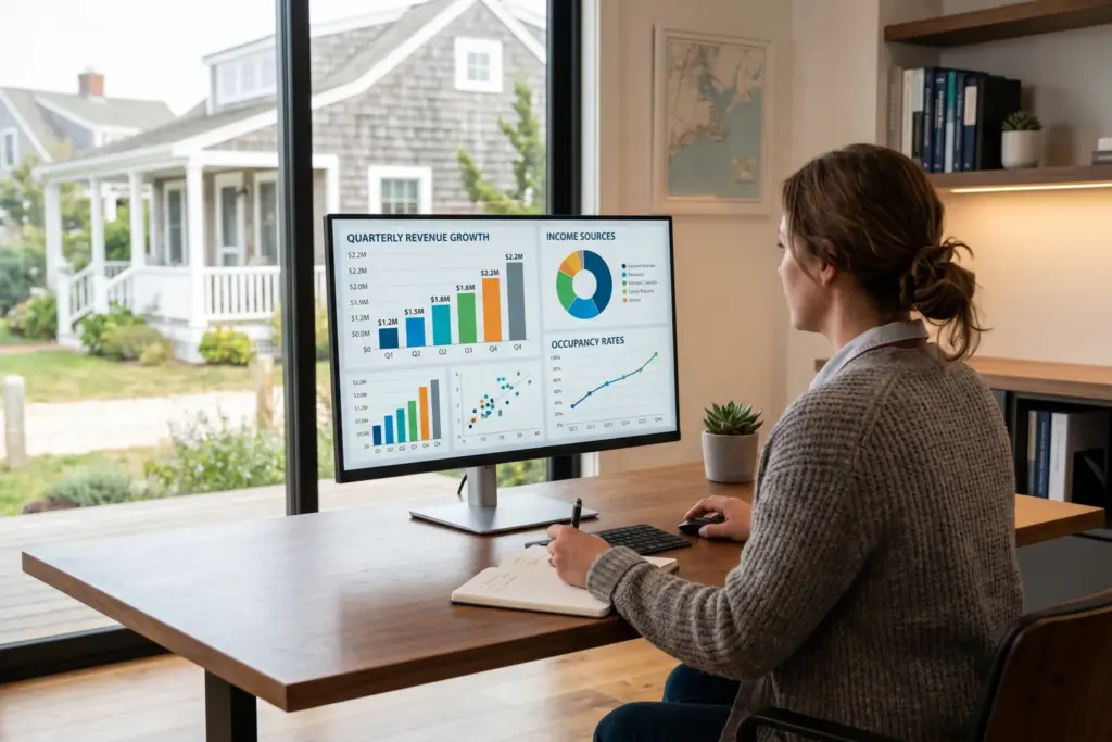 Investor reviewing Airbnb Q1 2026 earnings charts showing revenue and booking growth data for STR investment analysis
