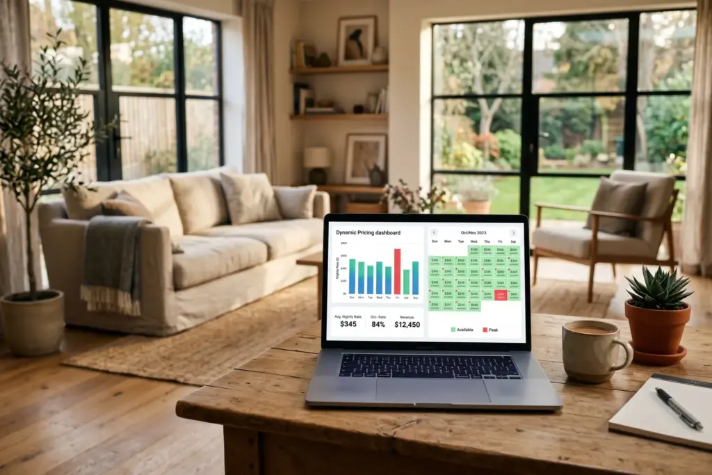 Laptop displaying a dynamic pricing dashboard in a vacation rental living room
