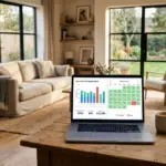 Laptop displaying a dynamic pricing dashboard in a vacation rental living room