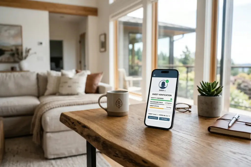 Smartphone displaying guest identity verification screen in a vacation rental property