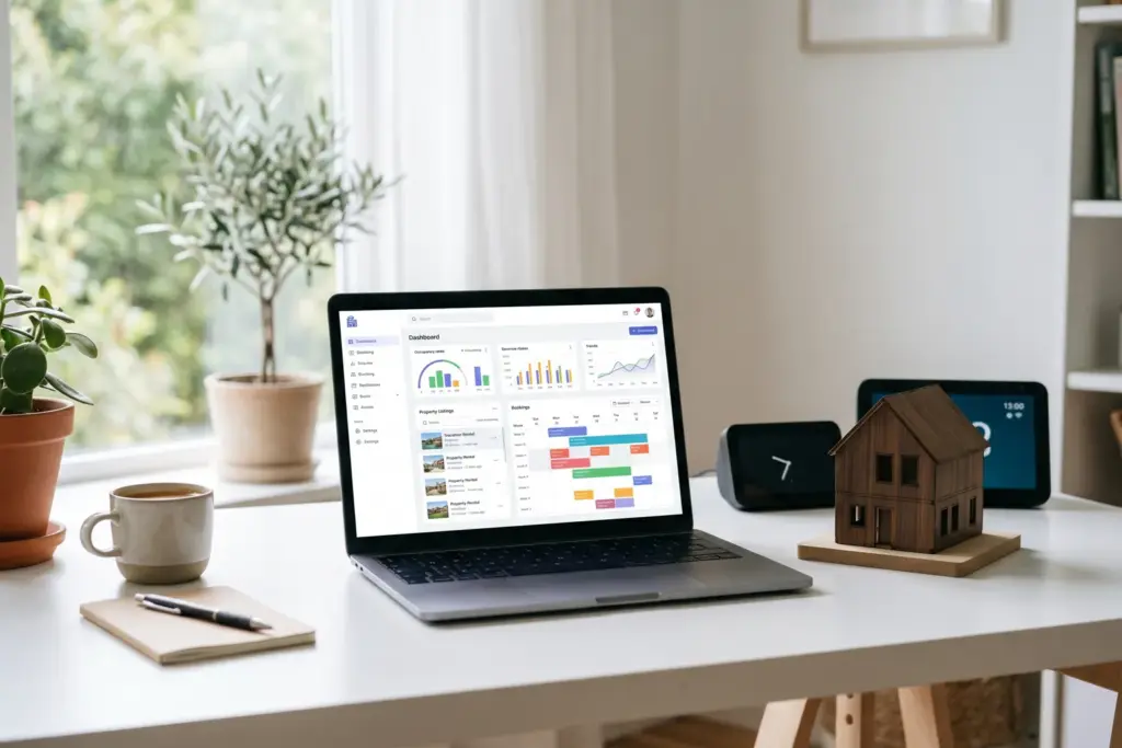 Laptop showing short-term rental property management software dashboard next to a model vacation rental home