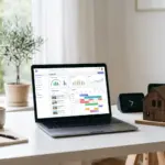 Laptop showing short-term rental property management software dashboard next to a model vacation rental home
