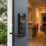 Modern smart lock with backlit keypad installed on vacation rental front door