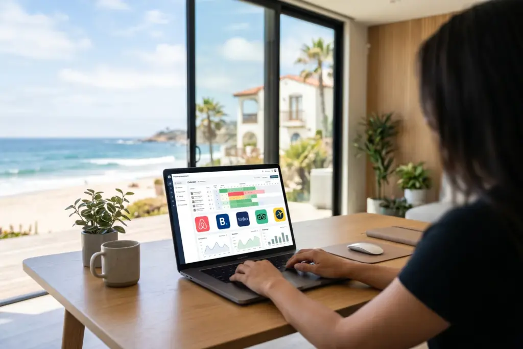 Laptop displaying vacation rental booking dashboard with OTA platforms, coastal beach property visible through window