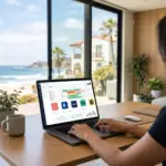 Laptop displaying vacation rental booking dashboard with OTA platforms, coastal beach property visible through window