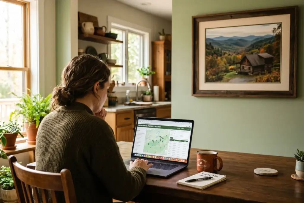 Person at kitchen table with laptop showing STR market data, contemplating remote Airbnb property investment