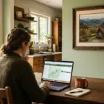 Person at kitchen table with laptop showing STR market data, contemplating remote Airbnb property investment