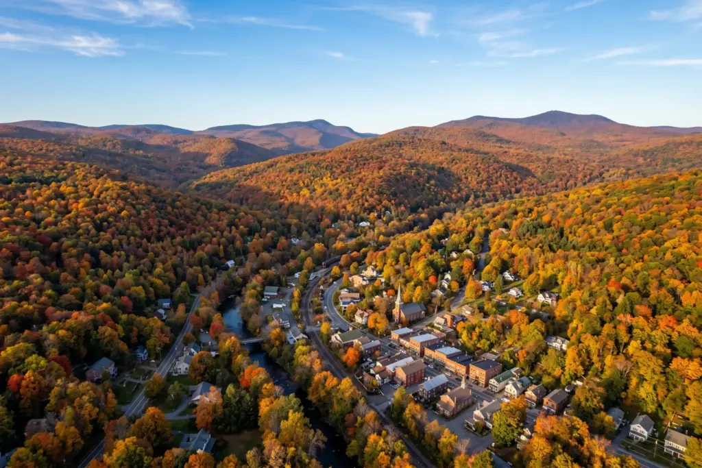 Aerial view of the Catskill Mountains in autumn showing fall foliage and mountain town