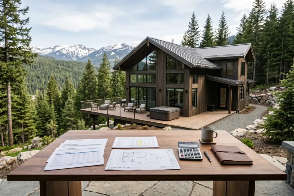Engineering blueprints and financial documents with a mountain vacation rental cabin, illustrating cost segregation analysis for STR investors
