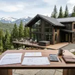 Engineering blueprints and financial documents with a mountain vacation rental cabin, illustrating cost segregation analysis for STR investors